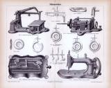 Stich aus 1885 zeigt 4 verschiedene Nähmaschinen.
