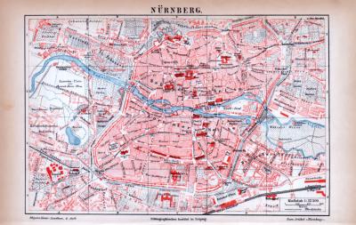Farbig illustrierter Stadplan von Nürnberg aus dem Jahr 1885 im Maßstab 1 zu 12.500.