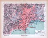 Farbig illustrierter Stadtplan und Landkarte aus 1885 zeigen die Umgebung von Neapel.