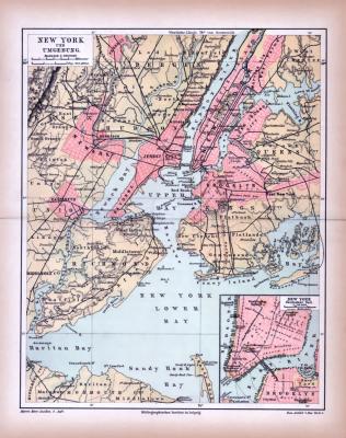 Stadtplan von New York und Umgebung aus 1885 in einer farbigen Illustration. Im Maßstab von 1 zu 200.000 mit Extrafenster des New York Südlicher Teil.