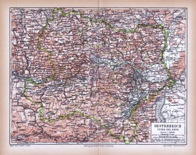 Farbig illustrierte Landkarte von Österreich unterhalb der Enns aus 1885.