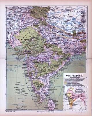 Ost-Indien Landkarte und Politische &Uuml;bersicht ca. 1885 Original der Zeit