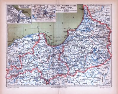 Farbig illustrierte Landkarte von Ost und Westpreussen aus 1885.