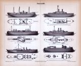 Stiche aus 1885 zeigen Panzerschiffe verschiedener Bauarten.