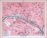 Farbig illustrierter Stadtplan der inneren Stadt von Paris aus 1885.