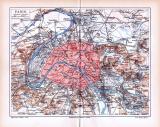 Farbig lithographierte Landkarten aus 1885 zeigen die Umgebung von Paris und Befestigungswerke.