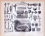 Stich aus 1885 zeigt verschiedene Gebäude und Gegenstände...