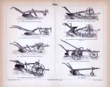 Stich aus 1885 zeigt technische Darstellungen von landwirtschaftlich genutzen Pflügen.