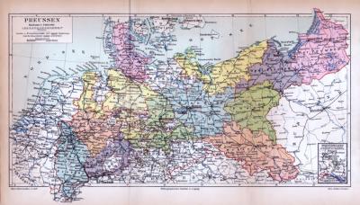 Farbig illustrierte Landkarte von Preussen aus dem Jahr 1885.