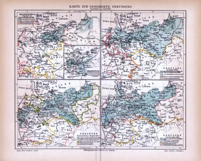 4 farbig illustrierte historische Landkarten aus 1885 zur Geschichte Preussens.