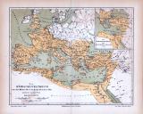 Farbig illustrierte Landkarte aus dem Jahr 1885. Zeigt das Römische Weltreiches um die Mitte des zweiten Jahrhunderts nach Chr..