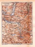 Farbige Lithographie einer Landkarte des Salzkammerguts aus 1885. Maßstab 1 zu 250.000.