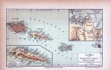 Farbige Lithographie einer Landkarte der Samoa Inseln aus 1885. Maßstab 1 zu 1.750.000.