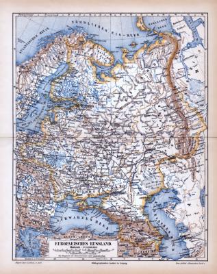 Farbig illustrierte Landkarte aus dem Jahr 1885 zeigt den europäischen Teil Russlands.