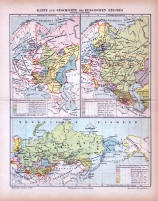 Farbig illustrierte historische Landkarten aus 1885 zeigen Epochen der Geschichte des Russischen Reichs.