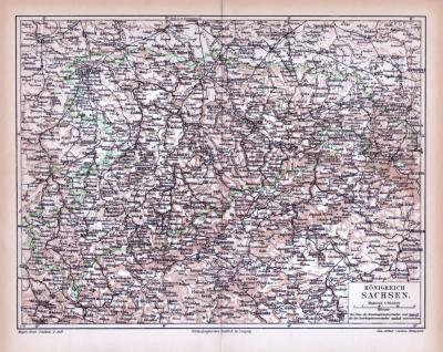 Farbige Lithographie einer Landkarte des Königreich Sachsen aus 1885. Maßstab 1 zu 850.000.