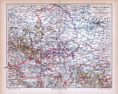 Farbige Lithographie einer Landkarte der Provinz Sachsen aus 1885. Maßstab 1 zu 1.150.000.
