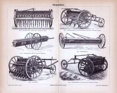 Stich aus 1885 zeigt verschiedene landwirtschaftliche Säemaschinen unterschiedlicher Bauart.