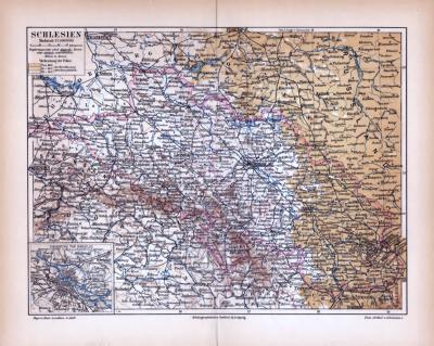 Schlesien Landkarte ca. 1889 Original der Zeit
