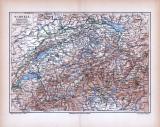 Farbige Lithographie einer Landkarte der Schweiz aus dem Jahr 1885. Maßstab 1 zu 1.400.000.