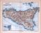 Farbige Lithographie einer Landkarte Siziliens aus dem Jahr 1885. Maßstab 1 zu 1.100.000.