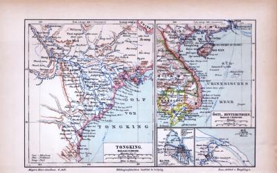 Farbige Illustration aus 1885 zeigt Tongking und das östliche Hinterindien.