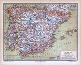 Farbige Lithographie einer Landkarte von Spanien und...