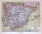 Farbige Lithographie einer Landkarte von Spanien und Portugal aus dem Jahr 1885. Maßstab 1 zu 4.500.000.