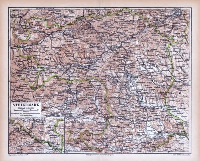 Farbige Lithographie einer Landkarte der Steiermark aus dem Jahr 1885. Maßstab 1 zu 850.000.