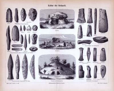Stich aus 1885 zeigt Objekte und Bauwerke aus der Kultur der Steinzeit.