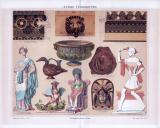 Chromolithographie aus 1885 zeigt verschiedene Terrakotten aus der Zeit der Antike.