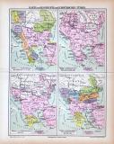 Farbige Lithographien von historischen Landkarten zur Geschichte der Europäischen Türkei aus dem Jahr 1885.