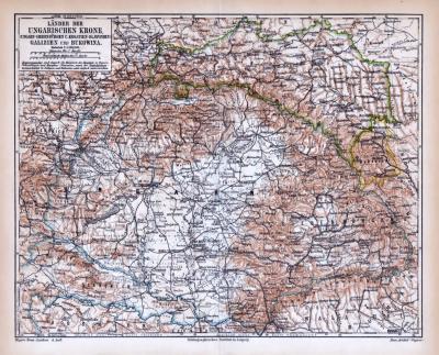 Farbige Lithographie einer Landkarte von Ungarn, Galizien und Bukowina aus dem Jahr 1885. Maßstab 1 zu 3.300.000.