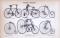 Stich mit 5 verschieden Fahrradtypen aus 1885. Rückseite zeigt technische Abhandlung zum Thema Fahrräder.