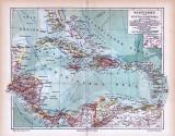 Panama Kanal Nicaragua Kanal + Westindien Zentral-Amerika Landkarte ca. 1885 Original der Zeit