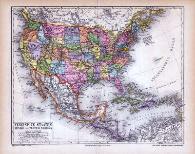Vereinigte Staaten Mexiko Zentral-Amerika Landkarte ca. 1885 Original der Zeit
