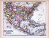 Farbige Lithographie einer Landkarte der Vereinigten Staaten von Amerika und Mexiko aus dem Jahr 1885. Maßstab 1 zu 20.000.000.