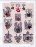 Chromolithographie aus 1885 zeigt die Entwicklung der Wappenkunst in der Heraldik.