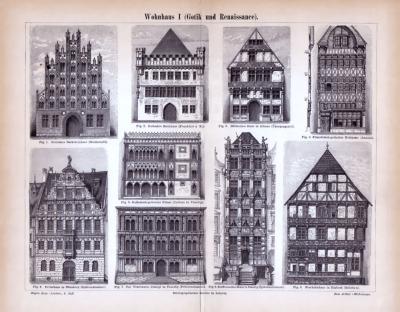 Abhandlung zur Geschichte des Wohnhauses und Stiche aus 1885 zeigen Häuser der Gotik und Renaissance.