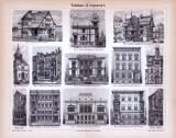 Abhandlung zur Geschichte des Wohnhauses und Stiche aus 1885 zeigen Häuser der Gegenwart.