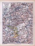 Farbige Lithographie einer Landkarte von Württemberg und Hohenzollern aus dem Jahr 1885. Maßstab 1 zu 850.000.