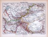 Farbige Lithographie einer Landkarte von Zentralasien aus dem Jahr 1885. Maßstab 1 zu 12.000.000.