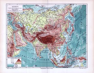 Asien Landkarte Flu&szlig;- und Gebirgssysteme ca. 1893 Original der Zeit