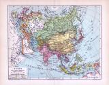 Politische Übersicht von Asien zur Zeit um 1893, Maßstab 1 zu 56 Millionen. Europäische Kolonien sind farbig markiert.
