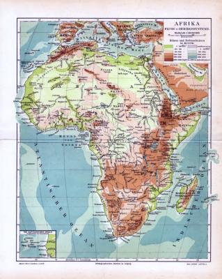 Topografische Karte von Afrika um ca 1893. Fluss- und Gebirgssysteme sind verzeichnet. Höhen- und Tiefenschichten in Metern farbig angegeben. Ausschnittfenster zeigt die Kapverdischen Inseln. Maßstab 1 zu 38 Millionen.