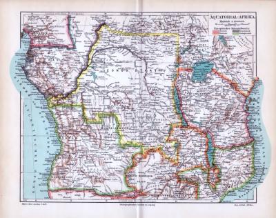 Landkarte von Äquatorial-Afrika um das Jahr1893. Maßstab 1 zu 13 Millionen. Europäische Kolonielbesitz farbig eingezeichnet.