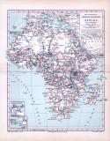 Die Karte von ca 1893 zeigt die wichtigsten Forschungsreisen in Afrika. Kapverdische Inseln und Deutsches Reich in Extrafenstern abgebildet. Maßstab 1 zu 38 Millionen.