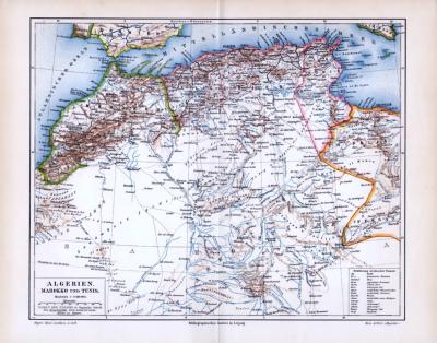 Landkarte von Algerien, Marokko, Tunesien und Libyen zur Zeit um  1893. Mit Erklärung arabischer Namen. Maßstab 1 zu 9,5 Millionen. Namen der Stämme in liegender Schrift, Hauptstädtet unterstrichen. Höhenangaben in Metern.