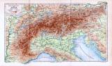 Landkarte der Alpen mit Angabe von Höhenschichten, um...