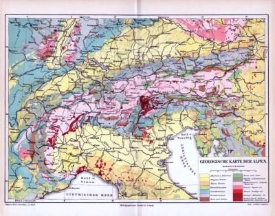 Alpen Geologische Karte ca. 1893 Original der Zeit